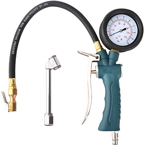 Profi Reifenfüller Druckluft Luftdruckprüfer Reifendruckmesser, mit 360°drehbarem Manometer, für Auto Motorrad Fahrrad PKW LKW (10bar)