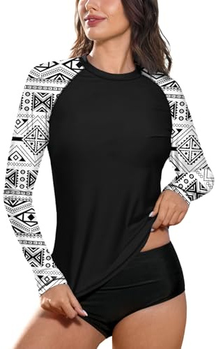 BesserBay - Maillot de surf rashguard UV pour femme - Maillot de bain à manches longues - UPF 50+ - Multicolore - S - XXL, Noir – Aztec., M