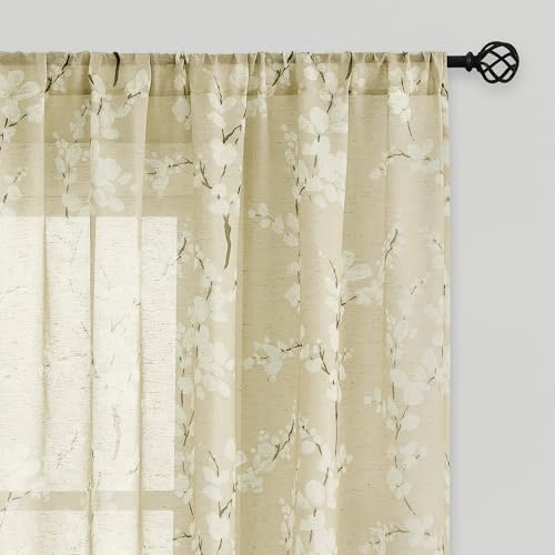 FMFUNCTEX Linen Sheer Curtains for Living Room, Cream Blossom Floral Print Curtains 84 Inches Long for Bedroom, Light Filtering Linen Blend Butter Yellow Floral Window Curtain 2 Panels Rod Pocket