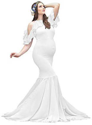 AYMENII Abiti Premaman per Scatti Fotografici Donne Sirena Abito Chiffon Spalla Fredda Con Volant Maniche Matrimonio Baby Shower Dress bianco L