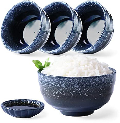 4 Pieces Ceramic Japanese colours Style. Miso and rice Bowls Set. 8 oz, 4.1 inches. Japan, Korean & Chinese. Portion Control. Noodles, Rices, Udon, Thai, Chinese, Korean, Wonton. (Dark Blue)