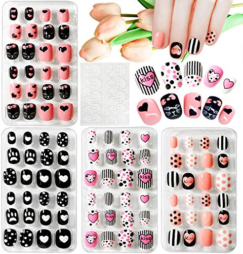 Kalolary 4 scatole per unghie per bambini, colore gradiente per bambini, unghie finte, con copertura completa, set con 1 colla per unghie artificiali, idea regalo per ragazze