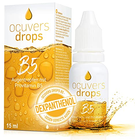 Ocuvers Drops B5 - Hochdosierte Augentropfen 15ml mit 2% Dexpanthenol und Hydraflex gegen trockene, rote, brennende Augen. Befeuchtende Tropfen ohne Ethanol. Für Kontaktlinsen-Träger geeignet