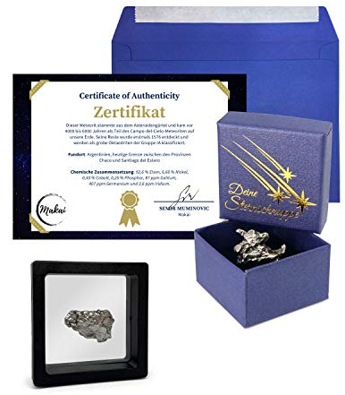 Makai echter Meteorit Sternschnuppe Campo-del-Cielo-Meteorit mit Echtheits-Zertifikat & Aufbewahrungsbox (mit extra Schweberahmen)