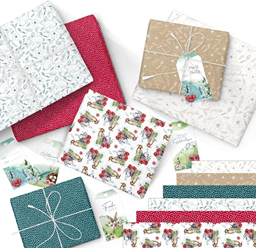 Papierdrachen 6 Bögen Geschenkpapier zu Ostern in der Größe 40x60 cm und 12 Geschenk-Anhängern sowie 5m weißes Baumwollband | Namensetikett Watercolor | zum Dekorieren von Ostergeschenken Set 1