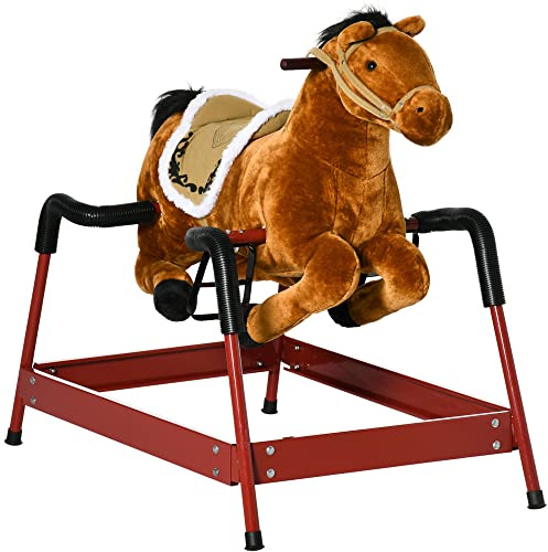 Qaba Kids Spring Rocking Horse, Ride on Horse for Girls and Boys with Sounds, Plush Animal Ride-on Toy with Soft Feel, Interactive Toy for Kids, Light Brown