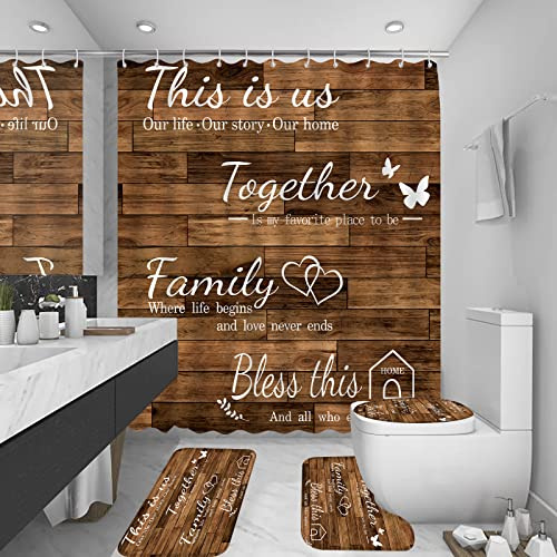 Juwute, Juego de 4 cortinas de ducha familiares con alfombras antideslizantes, cubierta de tapa de inodoro y alfombrilla de baño, juego de decoración de baño marrón, cortinas de ducha impermeables con