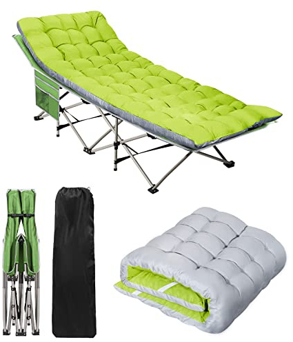 Bärbar campingsäng med madrass, sovbädd, enkel loungeschäslong | Lämplig för camping tält strand kontor, max belastning 136 kg, 600D Oxfordtyg, kraftig, lätt vikning, grön