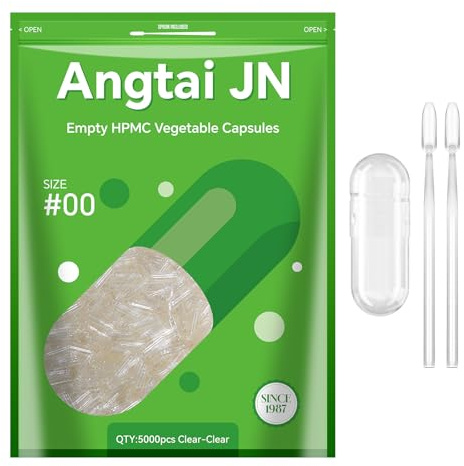 Angtai JN Gélules Vides Végétales à Remplir Taille 00 (5000 unités) Capsule Vide avec Micro Cuillère,Certifié Casher,Halal,Empty Capsules Compatible avec la Machine de Remplissage de Capsule 00