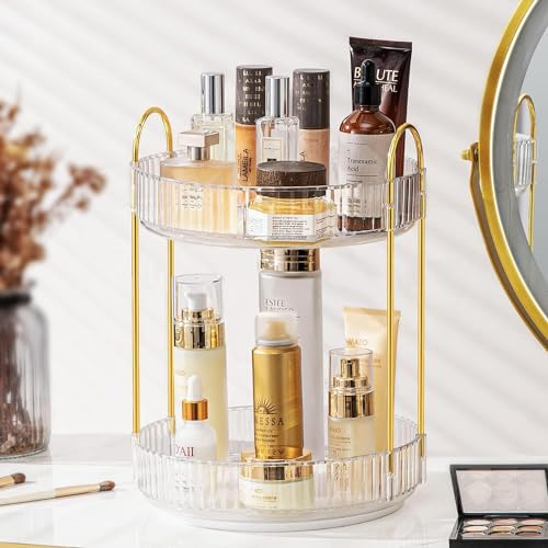ROWNYEON Make-up Organizer 360° Drehbar, Kosmetik Organizer, Hautpflege & Parfüm Organizer, 2-lagiger Bad Organizer für Schminktisch & Kosmetikschrank, Aufbewahrung für Badezimmer, Kommode (klar)