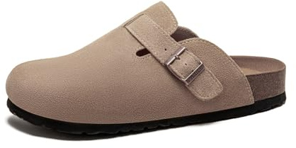 Tyboch Women's Suede Clogs Soft Leather Mules Adjustable Buckle Slip-on Cork Footbed Potato Shoes with Arch Support Taupe42