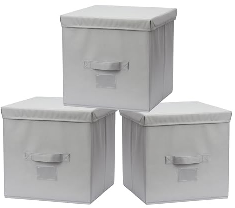 Augfox 3er Aufbewahrungsbox mit Deckel - Kallax Einsatz, Aufbewahrungsbox mit Deckel Groß für Aufbewahrungsbox Stoff (Hellgrau, 32x32x32cm)