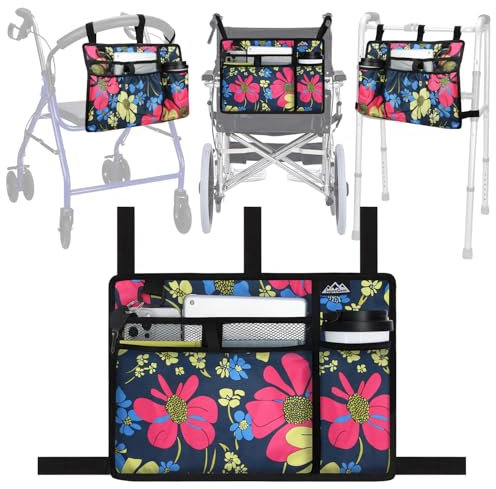 supregear Borsa per Sedia a Rotelle con Portabicchieri, Borsa per Girello Resistente All'acqua Cestino Accessori per Camminatore Pieghevole per Sedie a Rotelle, Deambulatori, Scooter (Floreale Blu)