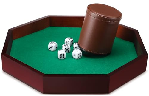 MiniInflat Octagon Tray Dice Cup Set Include Wooden Dice Tray Felt Lined PU Leather Dices Cup with 6 Dot Dices for Table Games(Coffee)