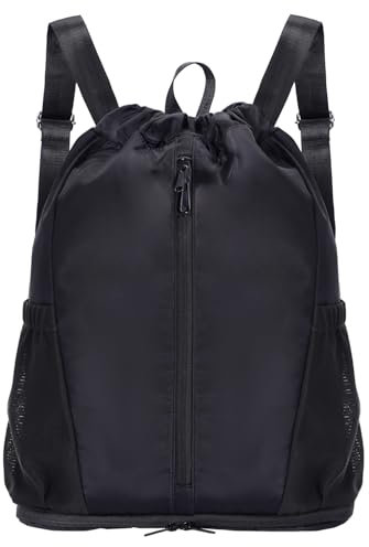 Turnbeutel Damen Herren mit Schuhfach, Sportbeutel mit Kordelzug, 14L Wasserabweisender Sportrucksack für Fitness, Gym, Reisen, Fußball, Schwarz (Patent Angemeldet)
