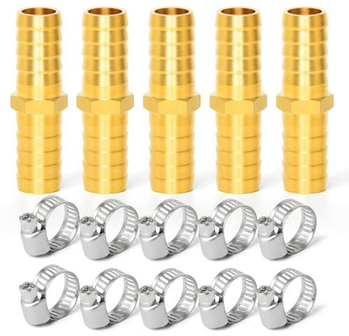 GASHER 5 st Slangpelarreducerare i mässing, 8 mm tum till 8 mm tum Barb slang ID med 10 slangklämmor, mässingsslangpelare reducerar skarvmontering bränsle/luft/vatten/olja/gas/naturgas