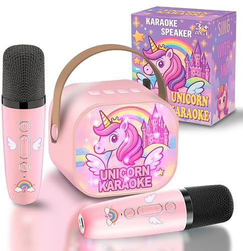 GirliGlee Microfono Karaoke Unicorno Bambina, Cassa Bluetooth per Bambini con 2 Microfoni Wireless Karaoke, Regalo Unicorno per Bambina 3 4 5 6 7 8 9 Anni, Giochi Bambina 3-7 Anni
