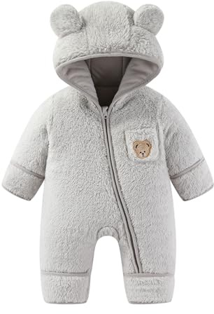 JiAmy Newborn Baby Snowsuit Fleece Winter Snow Suits, Bear Hooded Footed Romper Cartoon Baby Girls Boys Clothes Outfits Grey 0-3 Months