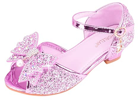 Prinsessskor flicka 28 med klack, eleganta dansskor, pumpskor, öppen tå, fiskmun festskor, cosplay-skor med rosett, glitter, bröllopsskor, klädskor, kvällsskor