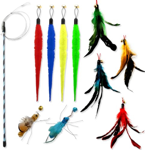 GGUFAY Jouet à Plumes pour Chats, Canne a Peche Chat Jouet de Chat Rétractable Canne a Peche Jouet Interactif avec 10 Artificielle Plumes Rechange, pour Chats et Chatons