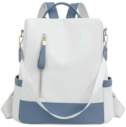 Gyios Zaino Viaggio in Nylon di Moda Femminile-Borsa A Tracolla Casual Leggera con Tasca Antifurto, Elegante Borsa del College per Ragazze E Donne-Blu Bianco