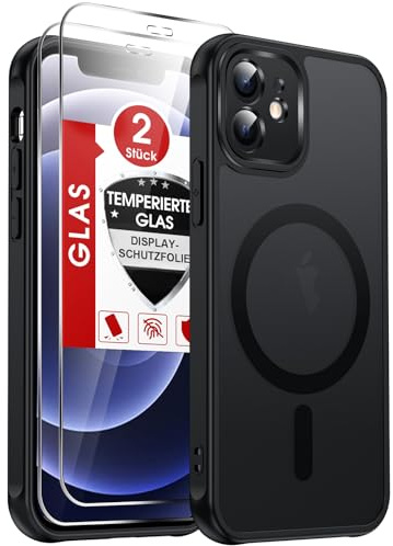LeYi Cover Magnetica per iPhone 12 con Vetro Temperato,Compatibile con Magsafe Custodia per iPhone 12 Traslucida Opaca Anti-Impronte Resistente ai Graffi Paraurti in TPU Antiurto Protettiva Case, Nero