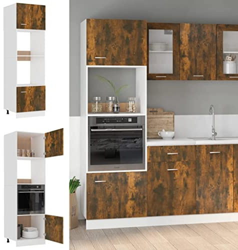 sephironlbb Lyon Armoire à micro-ondes en chêne fumé 60 x 57 x 207 cm avec 4 compartiments, montage de porte flexible, espace de rangement pour cuisine, salon, garde-manger, autoportant, organisateur