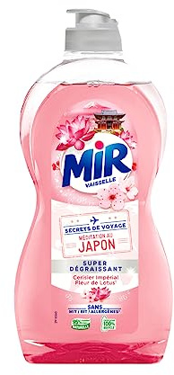 Mir Vaisselle - Secrets de Voyage - Médiation au Japon - Super Dégraissant - Liquide Vaisselle - Fleurs de Lotus - Cerisier Impérial - 95% d'ingrédients d'origine naturelle - 500 mL