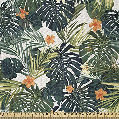 ABAKUHAUS Hawaii Microfaser Stoff als Meterware, Bunte Polynesien Pflanze, Deko Basteln Polsterstoff Textilien, 2M (230x200cm), Jadegrün Farngrün Orange