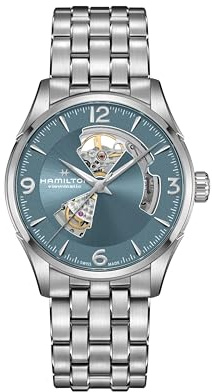 Hamilton Orologio Jazzmaster Open Heart Orologio automatico svizzero 42 mm, quadrante blu, cinturino in acciaio inox argento (modello: H32705142), Blu, classico