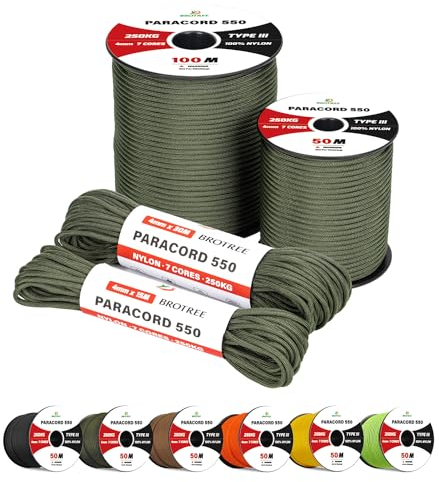 Brotree Paracord 550 4mm 15M 100% Nylon Seil Schnur Typ III mit 7 Stränge für Survival, Outdoor, Armbänder, Hundeleine - Bruchlast 250kg (Armee Grün)