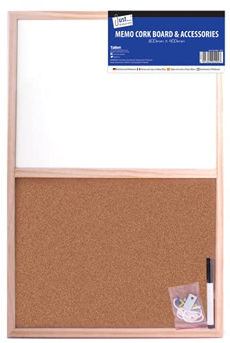 Wood Frame Split Cork/Dry Wipe & Cork Board and Dry Wipe Board, Whiteboard Coloured Markers Bulletin Memo Decor, Home, Office, Push pins and Hanging Hooks (Split Cork/Dry Wipe Board, 400 x 600 mm)