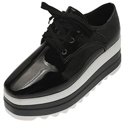 CHOUX Spring New Women Plat Platform Shoes Slip on Moccasins Ladies Chaussures décontractées Femmes épaisses Sole Brogue Creepers Sneakers-Black,36