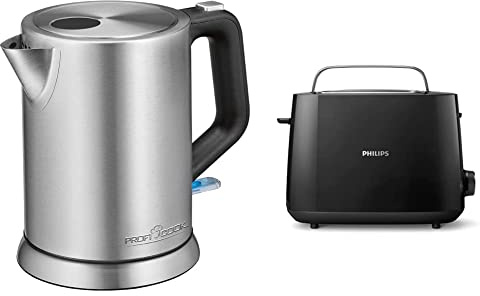 ProfiCook 501106 PC-WKS 1106 Edelstahl-Wasserkocher, 1 Liter, maximal 1850-2200 Watt, Wasserstandsanzeige, inox & Philips Toaster – 2 Toastschlitze, 8 Stufen, schwarz (HD2581/90)