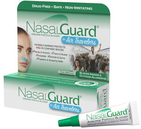 NasalGuard Airborne Particle Blocker Nasal Gel for Air Travelers - Drug-Free, Non-irritating, Non-drowsy, Airplane Travel Approved (Cool Menthol) - Over 150 Applications Per Tube (0.1 oz, Pack of 1)