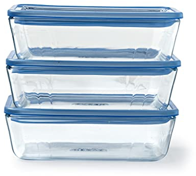 Set di 3 contenitori per alimenti con coperchio - PYREX - Plastica Zero - Vetro - Rettangolari - 1,5 L