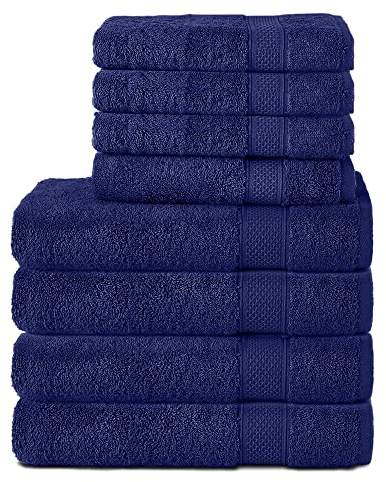 Komfortec 8er Handtuch Set aus 100% Baumwolle, 4 Badetücher 70x140 und 4 Handtücher 50x100 cm, Frottee, Weich, Towel, Groß, Navyblau