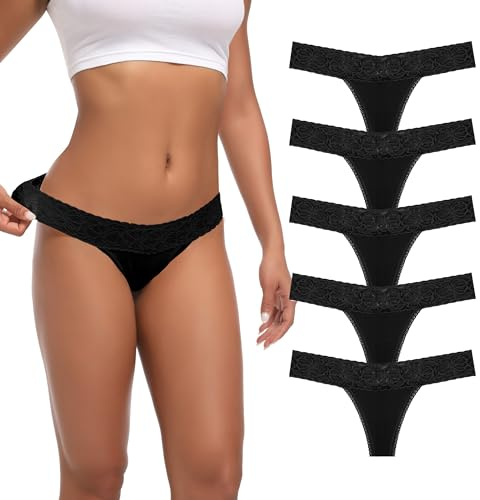 Auithery Tangas Sexy in Cotone con Pizzo per Donna, con Controllo Addominale, Tangas a Tanga, Taglie XS - 4XL, Confezione di 5, 5 Tangas Nere, Taglia M