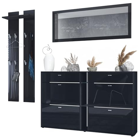 Vladon Conjunto de Armario Orlando con Zapatero, Panel de Pared y Espejo de Pared, Negro Mate/Negro de Alto Brillo