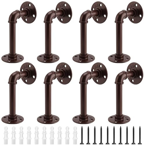 KOHAND Lot de 8 supports d'étagère industriels avec vis et ancrages muraux durs, supports de tuyau marron pour étagères, planche d'échafaudage, décoration de la maison