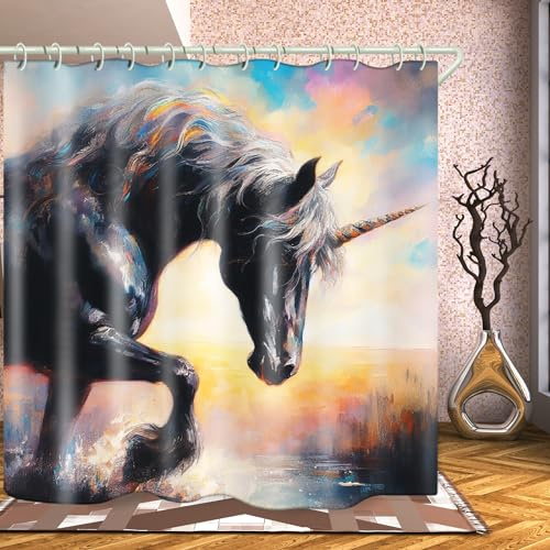 LYFANS Duschvorhänge, buntes Ölgemälde, Einhorn-Design, wasserdicht, Badezimmer-Dekorationsset, Tier-Duschvorhanghaken, 183 cm B x 183 cm L, Stoff-Duschvorhang.
