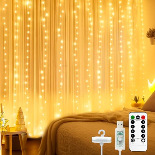 btfarm Lichtervorhang Innen 2x2m, 200 LED Lichterketten Vorhang mit Fernbedienung 8 Modi Timer USB Lichterkettenvorhang Wasserdicht für Schlafzimmer Zimmer Party Weihnachten Deko, Warmweiß