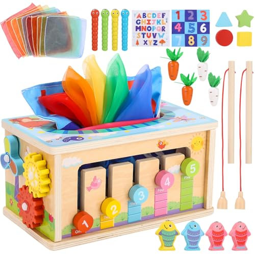 Yulado Montessori Spielzeug ab 1 2 3 Jahr,6-in-1 Tücherbox mit Knistertuch, Motorikwürfel Holzspielzeug,Kinder Holzspielzeug Motorikspielzeug ab 1 Jahr