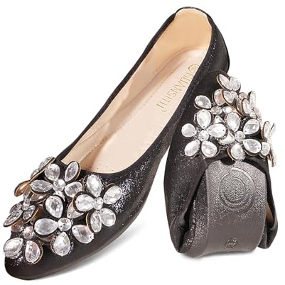 YOUNIFIZ Women's Elastic Foldable Portable Pumps Sparkly Rhinestones Ballet Ballerina Slip On Flats Dolly Shoes (Black,Size 7.5)