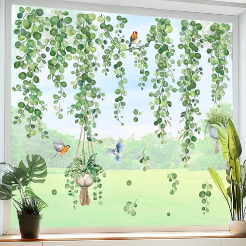 decalmile Summer Hanging Vine Double Sided Window Clings Green Leaves Plants Window Decals Anti-Collision Glass Window Doors Window Stickers