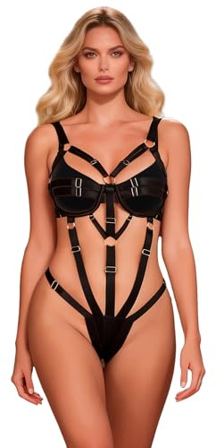 ohmydear Sexy Outfits Women UK Bondage Lingerie Sets Underwired Body Harness Stretchy Belt Punk Ladies Underwear Plus Size Adjustable Straps Bodysuit M-L Black