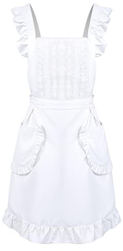 Heclia 1 PCS Princess Dress White Apron with Pockets - Vintage Maid Dress Cute Aprons for Women, Adjustable Cooking Aprons for Women with Pockets, Kitchen Laundry Ruffle Apron 30.3 x 27.5 x 0.04 In