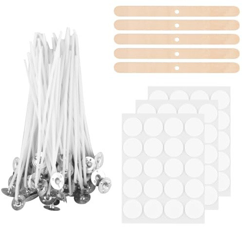 HuangXinyu Mechas para Velas, 100 mechas para Velas, 10 cm, mechas Naturales con Soporte para Mecha de Madera y Adhesivo de Doble Cara, para Hacer Velas
