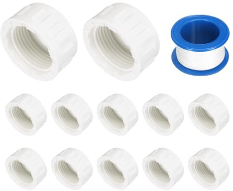 sourcing map 12Pcs 1 Inch PT Female Thread PVC Pipe Fitting Cap, Cleanout Water Drain End Caps, Pipe Plug Socket Fittings with Tape for Water Heater Supply Lines, Plumbing, White