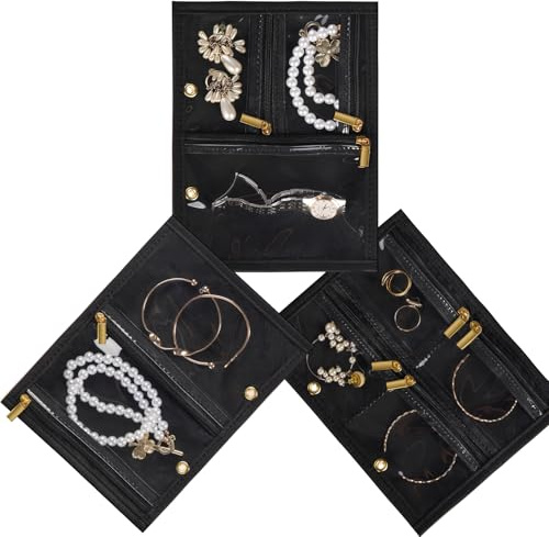 Vutlue Travel Jewelry Case Organizer for Women, Jewelry Storage Book with Small Pouch, Travel Jewelry Bag Case for Traveling Earrings, Rings, Bracelet Organizer (Inner Pages, 3 PCS, Black)